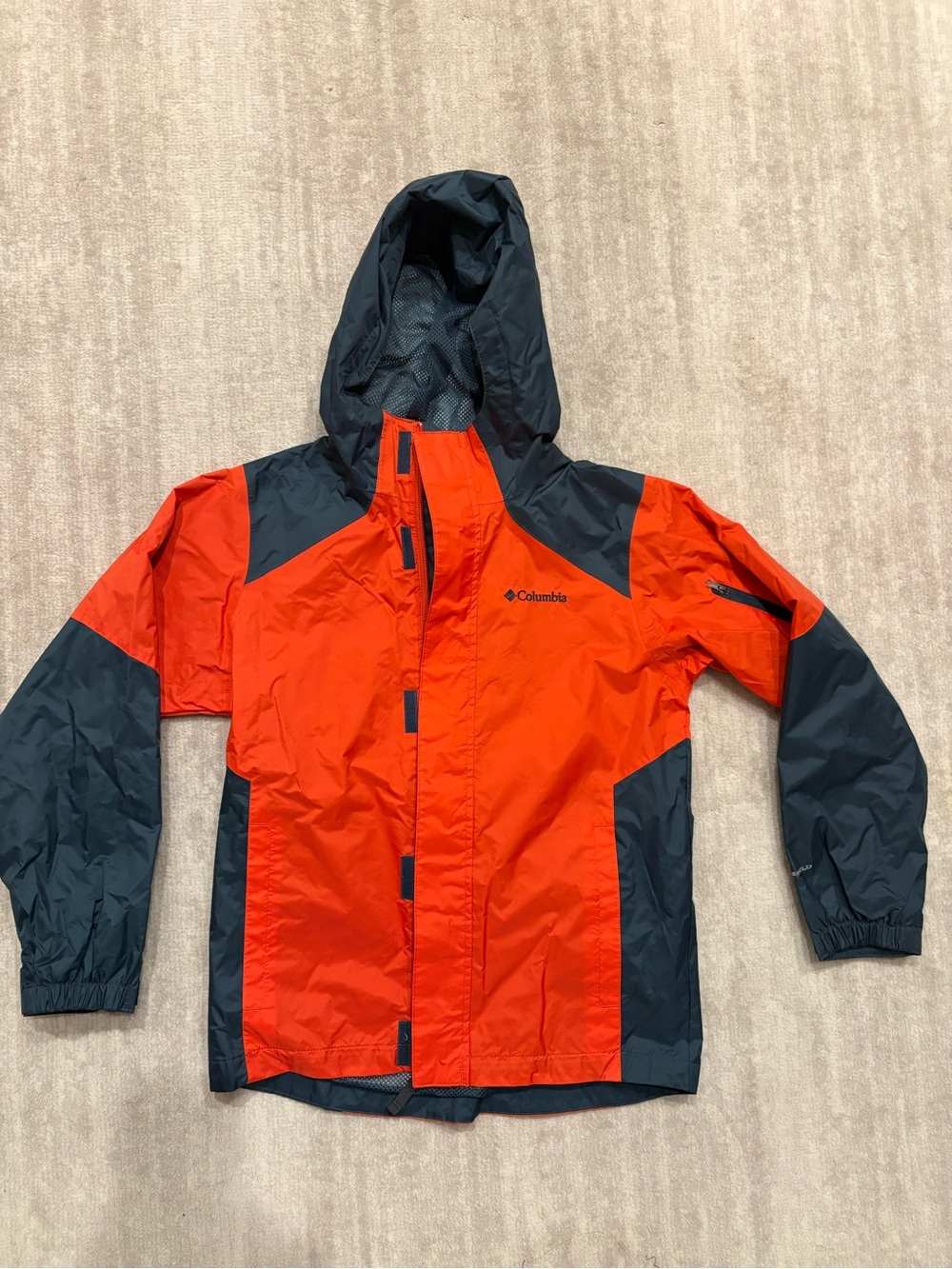 Columbia Kids' Waterproof Hooded Rain Jacket - Orange & Gray. Size 10-12.